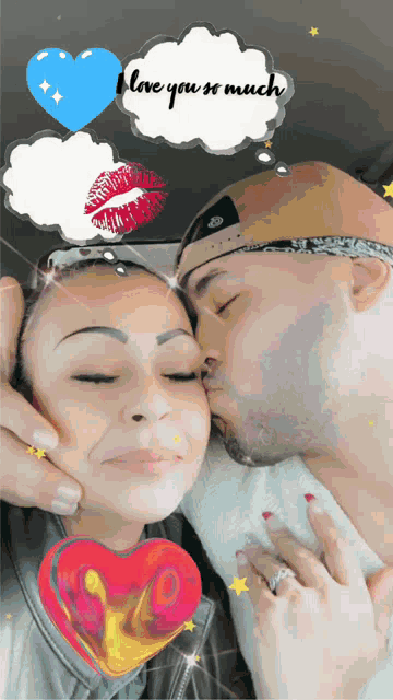 a man kisses a woman on the cheek with a speech bubble that says i love you so much