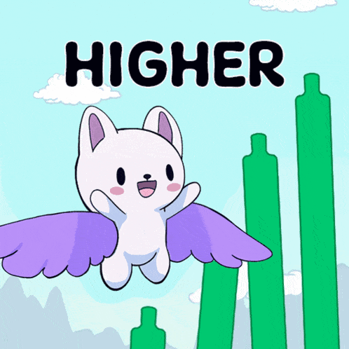 a cartoon drawing of a cat with wings and the word higher above it