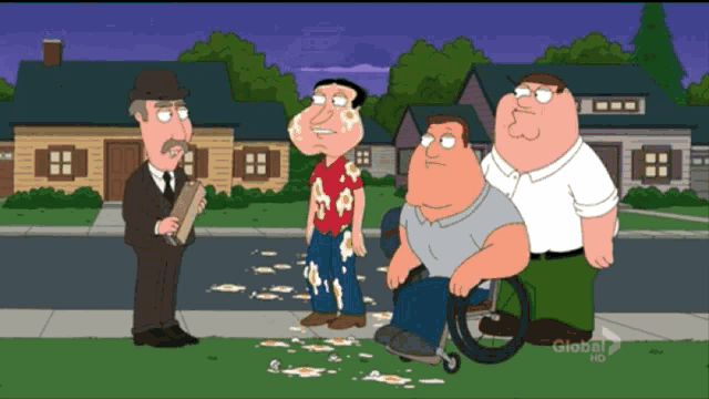 a cartoon of a man in a wheelchair talking to a group of men