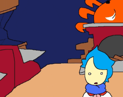 a cartoon character with blue hair and a scarf stands in front of an orange monster