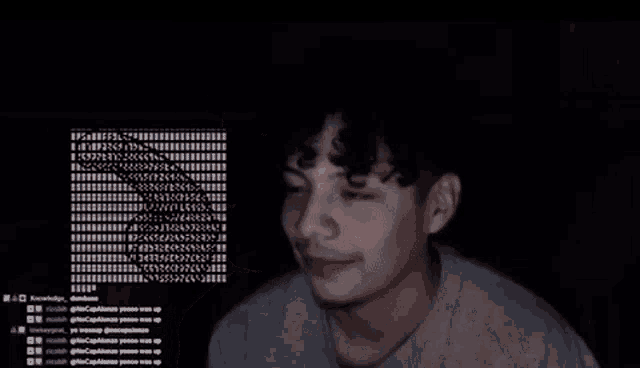 a blurry picture of a man 's face with a bunch of text coming out of it