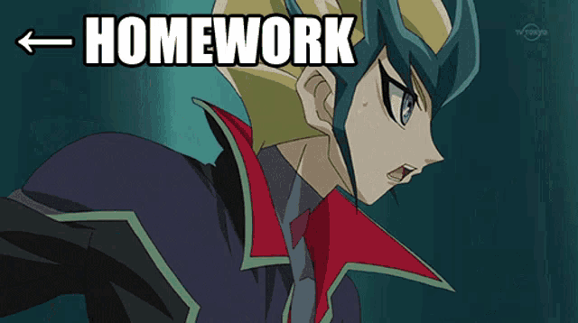 a cartoon character with the word homework written above him