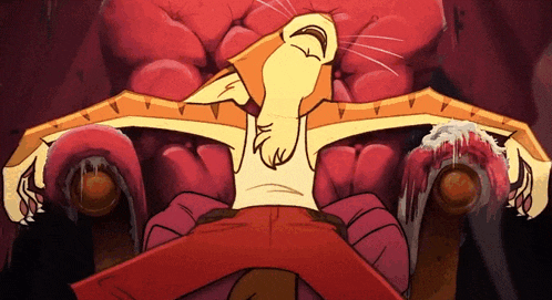 a cartoon cat is laying in a red chair with his arms outstretched