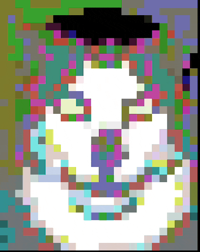a colorful pixel art of a person with a hat on