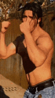 a shirtless man is flexing his muscles while standing in front of a wooden fence .