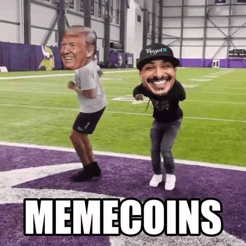 two men are dancing on a football field with memecoins written on the ground