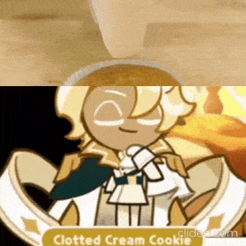 a cartoon character is being decorated with frosting in a video game called clotted cream cookie .