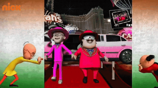 three cartoon characters are on a red carpet in front of a pink car and a sign that says nick