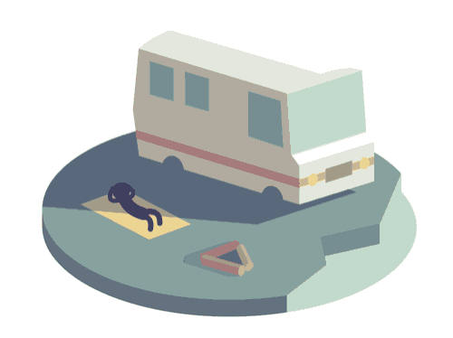 an isometric illustration of a rv with a person laying on the ground