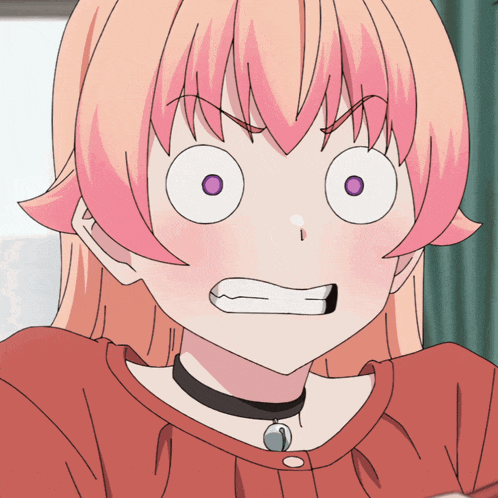 a girl with pink hair and purple eyes is making a surprised face