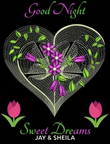 a heart with purple flowers and green leaves on a black background with the words good night sweet dreams jay & sheila