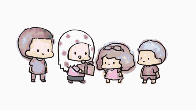 a group of children are standing next to each other with one girl holding a cake