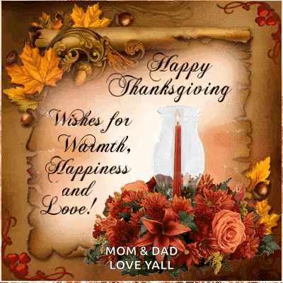 a happy thanksgiving card with a vase of flowers and a candle .