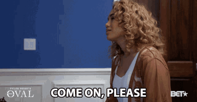 a woman says come on please in front of a bet logo
