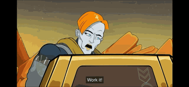 a cartoon character says " work it " in a yellow box