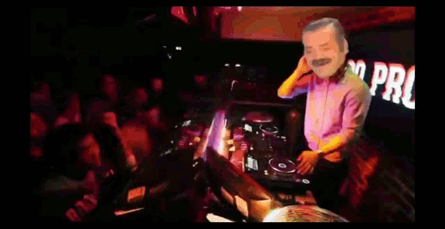a man with a mustache is playing music in a club with a sign that says ao prl