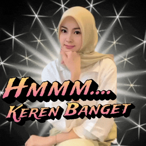 a woman wearing a hijab is sitting in front of a sign that says hmmmm keren banget