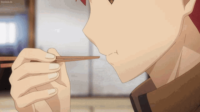 a close up of a person eating with chopsticks that says anime.tv in the corner