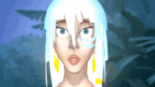 a close up of a woman 's face with white hair and yellow earrings