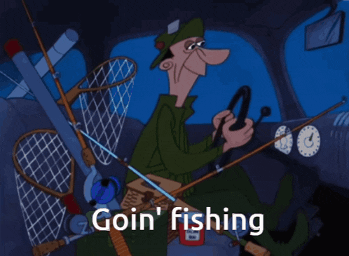 a cartoon of a man driving a car with fishing rods and the words goin ' fishing above him
