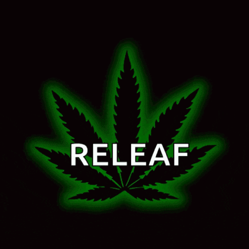a marijuana leaf with the word releaf in white letters