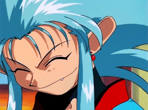 a cartoon character with blue hair and a red earring is smiling