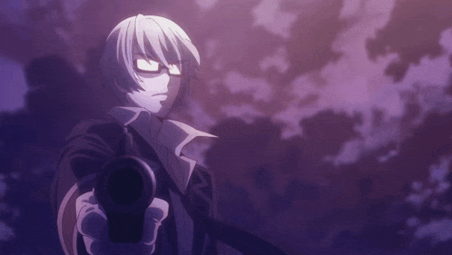 a man with glasses is pointing a gun at someone