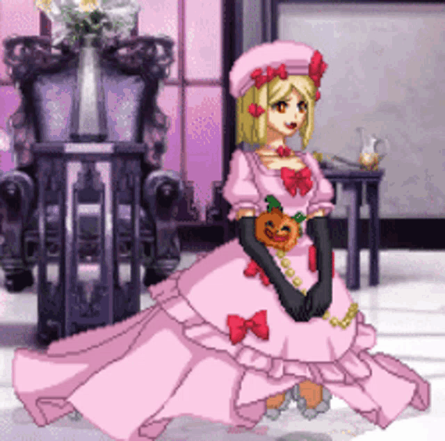 a girl in a pink dress is holding a pumpkin and wearing black gloves