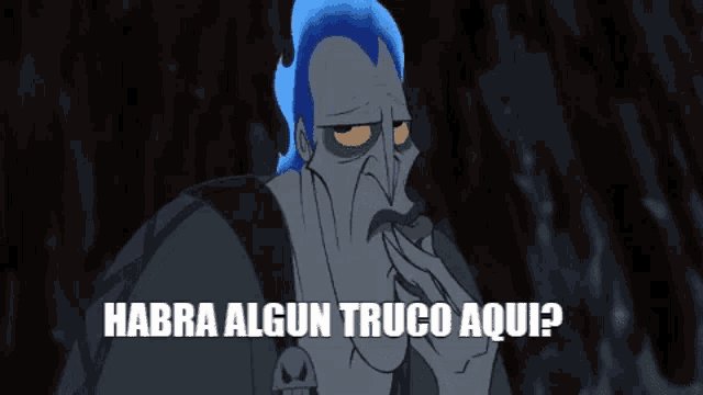 a cartoon character with blue hair and the words habra algun truco aqui written on the bottom