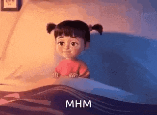a cartoon girl is sitting in a bed with the words `` mhm '' written above her .