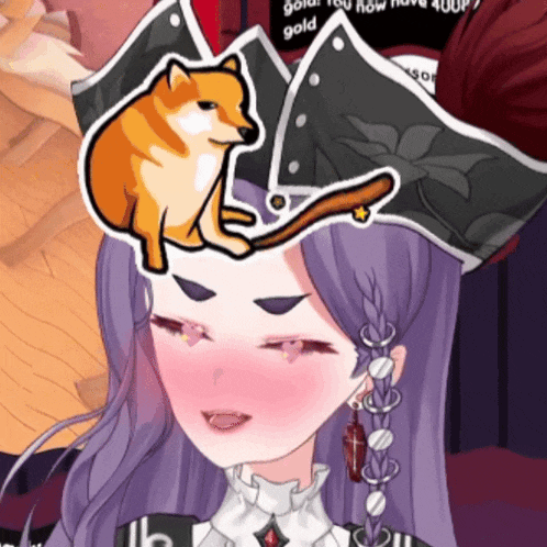 a cartoon girl with purple hair has a doge on her head