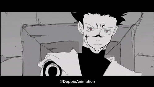 a black and white drawing of a man with red eyes and the words doppioanimation at the bottom