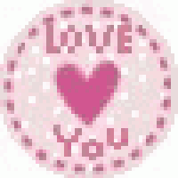 a pink circle with a pink heart and the words `` love you '' written inside of it .