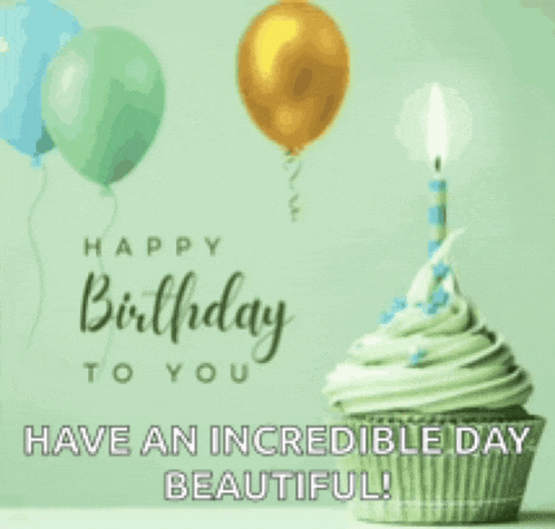 a birthday card with a cupcake and balloons and the words `` have an incredible day beautiful '' .