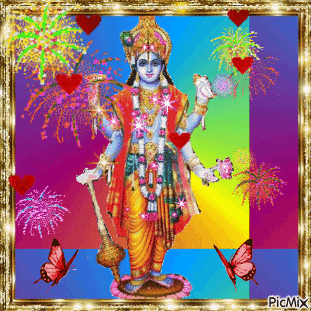 a picture of a statue of a deity with hearts and butterflies around him