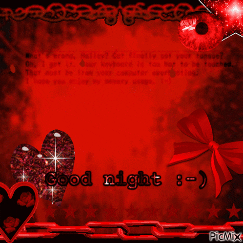 a red background with a heart and a red bow that says good night