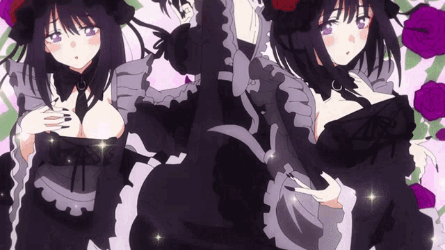 two anime girls are standing next to each other