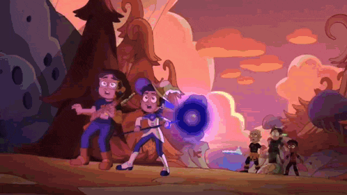 a group of cartoon characters are standing next to each other in a cartoon scene .
