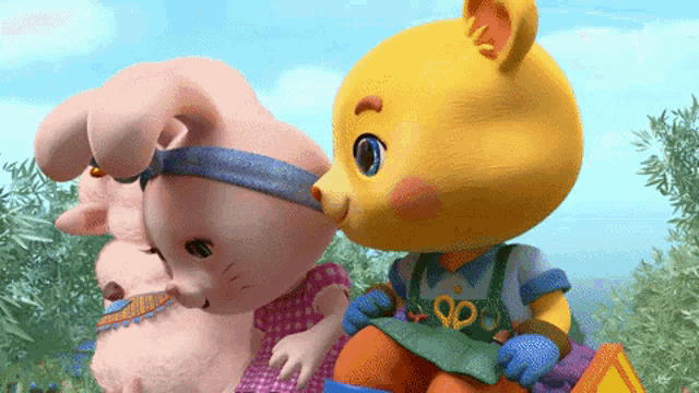 a cat and a rabbit are standing next to each other and the cat is wearing a pair of scissors