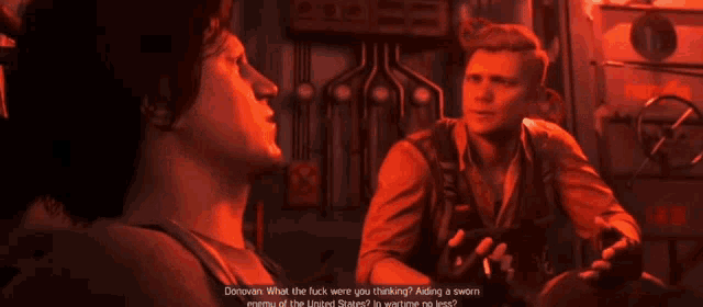 a video game screen shows two men talking to each other with one saying " danovan "