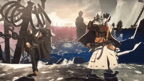 a man in a white coat stands next to another man in a black coat in a video game