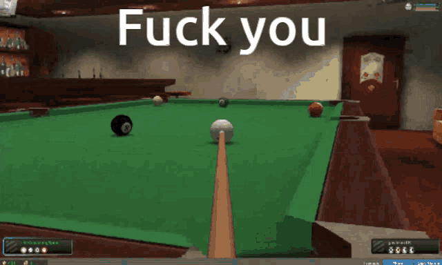 a computer screen shows a pool table with the words fuck you above it