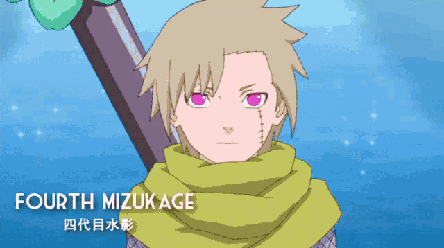 a cartoon character named fourth mizukage with purple eyes
