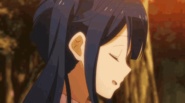 a close up of a blue haired anime girl with a surprised look on her face