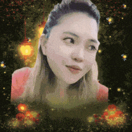a pixelated image of a woman surrounded by flowers and lights