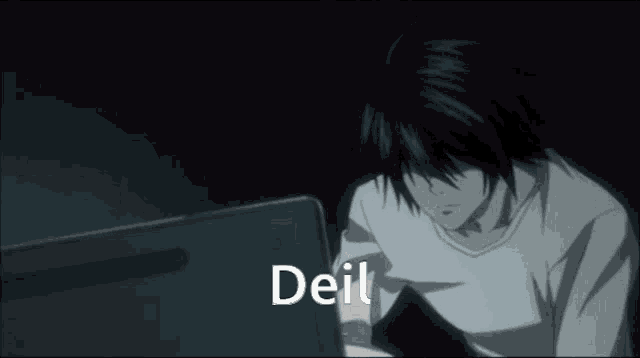 a man is looking at a computer screen and the word deil is displayed