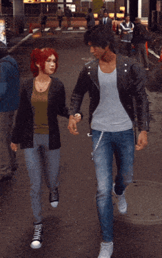 a man and a woman are walking down a street and the man is wearing a leather jacket