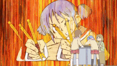a girl with purple hair is holding a pencil in her mouth
