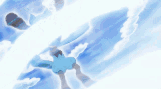 a cartoon character is flying through the air with clouds