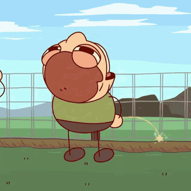 a cartoon of a man urinating on a fence post